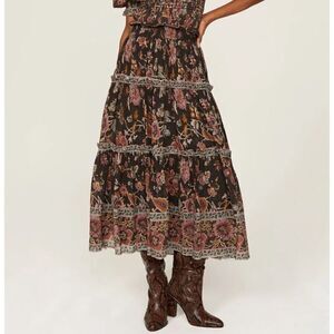SEA New York Skirt Womens XS Tess Tiered Pull-On Midi Black Floral  Lined